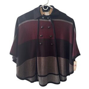 Ivanka Trump Women's Striped Knit Poncho Black Burgundy Taupe XS S One Size